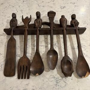 African Art, Set of 6 vintage wooden spoon and fork, 1960s Wall Hanger